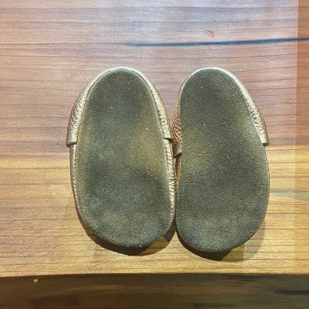 Kids Metallic Rose Gold Moccasin Shoes - Soft Leather Slip-On